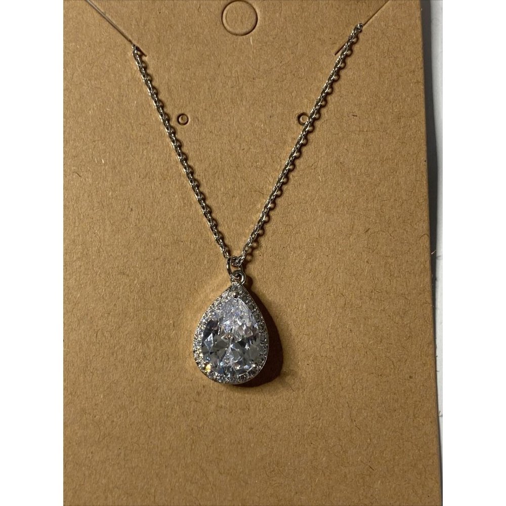Fashion Solitaire Halo Teardrop Pendant 16" Necklace Silver Tone‎